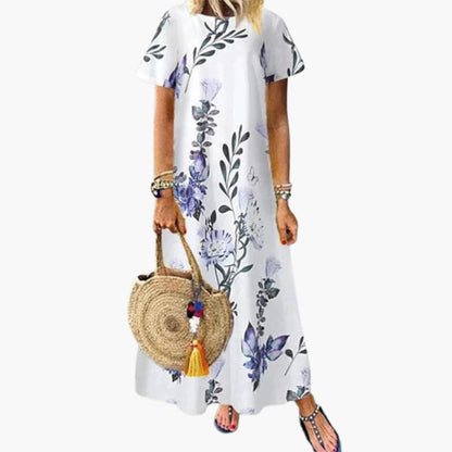 CM | maxi vestido de mujer con estampado floral, manga corta y escote redondo