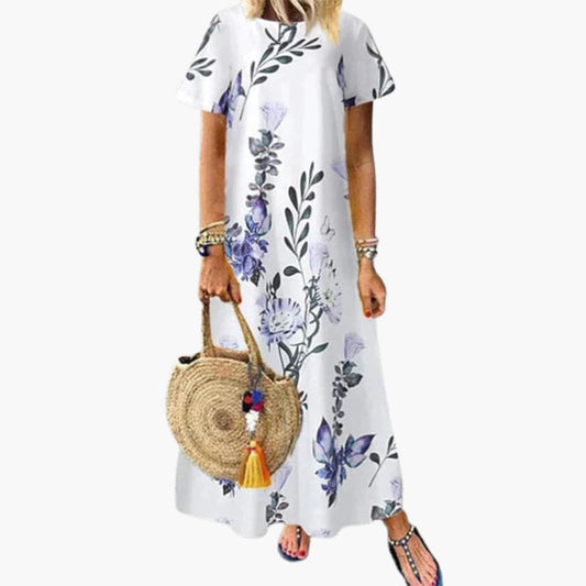 CM | maxi vestido de mujer con estampado floral, manga corta y escote redondo