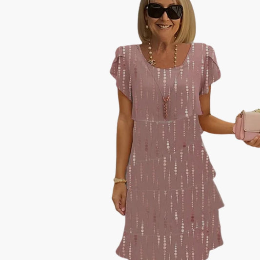 CM | Vestido midi floral de mujer con mangas cortas y capas escalonadas