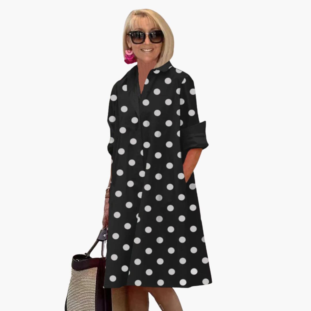 CM | Vestido midi de mujer con manga larga y estampado de lunares