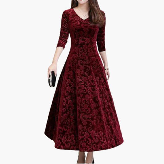 CM | maxi vestido de mujer en línea A con estructura floral y mangas