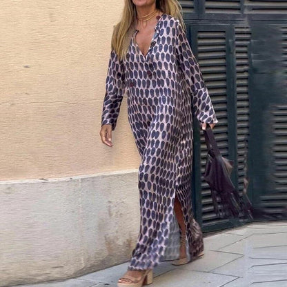 CM | Maxivestido de mujer - Corte holgado - Cuello en pico - Mangas largas - Aberturas laterales - Estampado atrevido