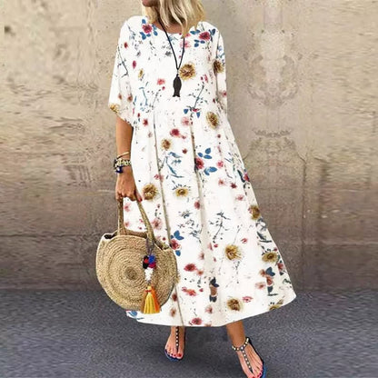 CM | Vestido largo de mujer - Estampado floral - Corte relajado - Mezcla transpirable - Cuello en V Mangas cortas