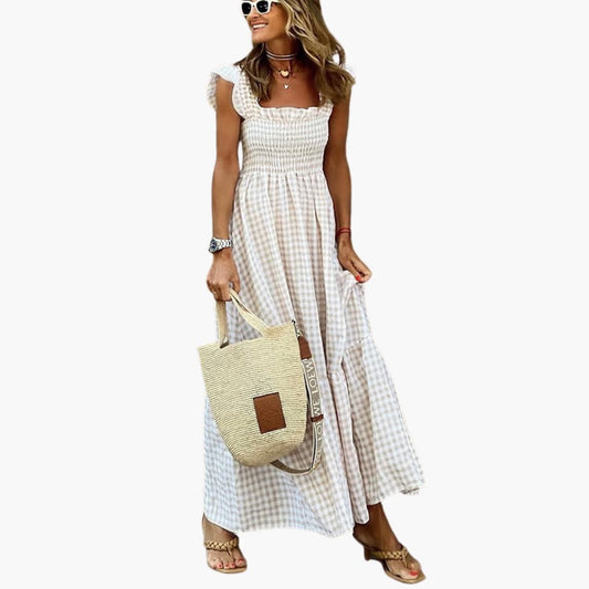 CM | maxi vestido sin mangas para mujer con corpiño fruncido