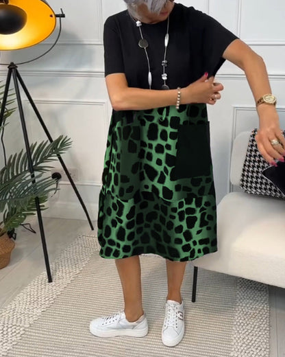 CM | Elegante vestido midi de manga corta con estampado de leopardo
