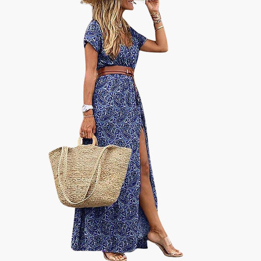 CM | maxi vestido de mujer con escote en V, manga corta y abertura lateral