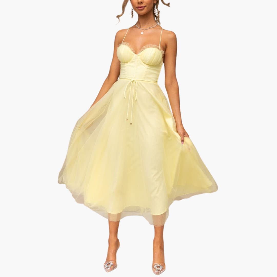 CM | maxi vestido de tul para mujer con tirantes finos y busto fruncido