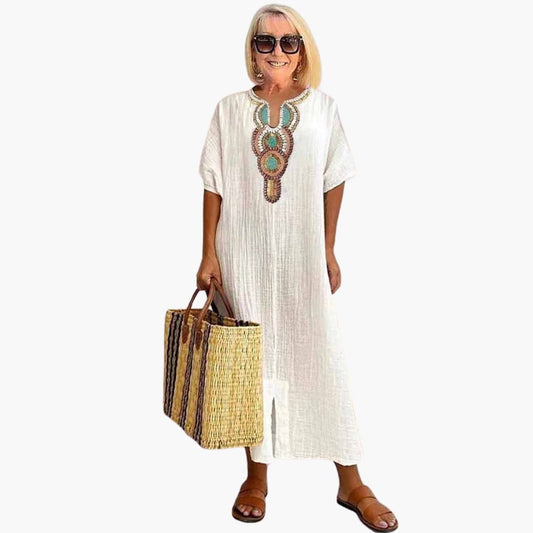 CM | maxi vestido boho de mujer con mangas cortas y abertura lateral