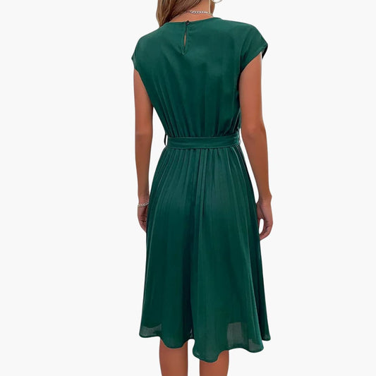 CM | Vestido midi informal de mujer con falda plisada y cinturón de anudar