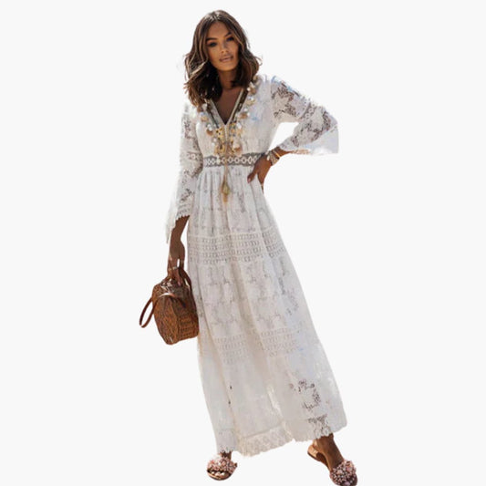 CM | Maxi vestido de mujer con mangas de encaje y falda escalonada