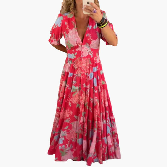 CM | Maxi vestido de mujer con mangas cortas y falda plisada