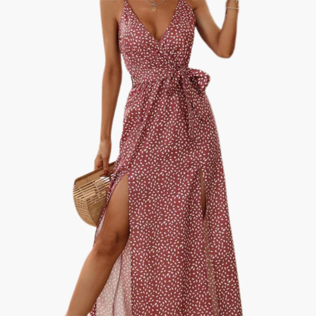 CM | Vestido largo de playa para mujer con estampado floral y lazada en la cintura