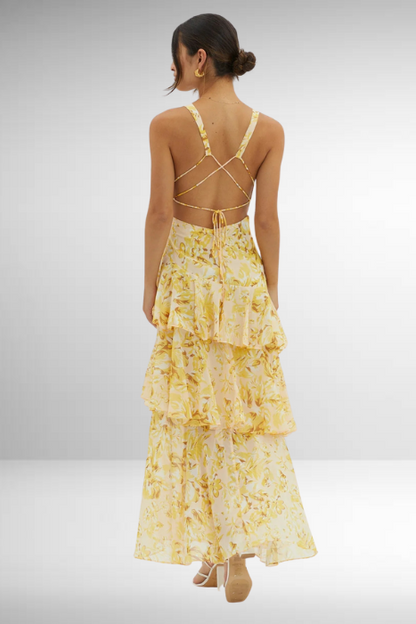 CM | Maxivestido de mujer - Top entallado - Falda con vuelo - Escote en pico - Tejido de lujo