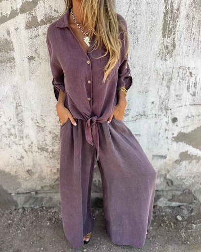 CM | Elegante conjunto de verano para mujer con pantalones anchos y blusa abotonada de manga larga