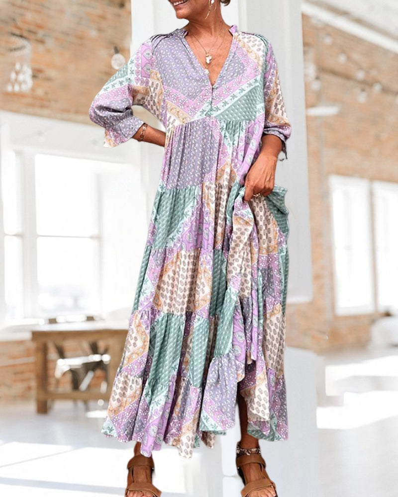CM | Vestido maxi colorido con estampado colorblock y mangas 3/4