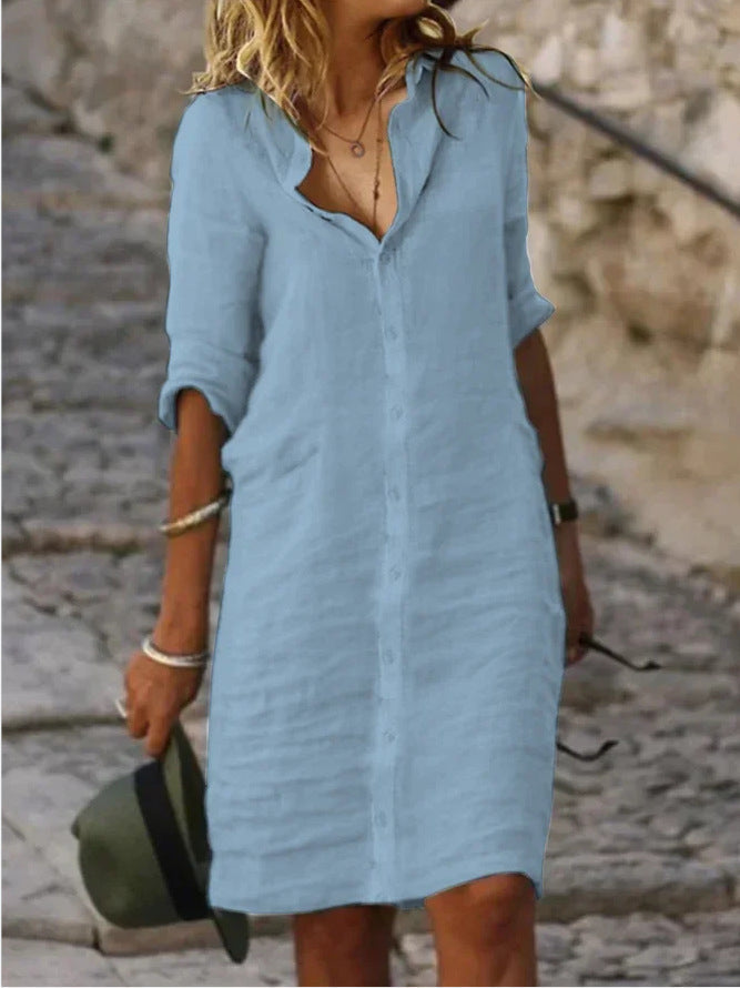 CM | Vestidos monocolor de algodón con vuelta y botones y media manga