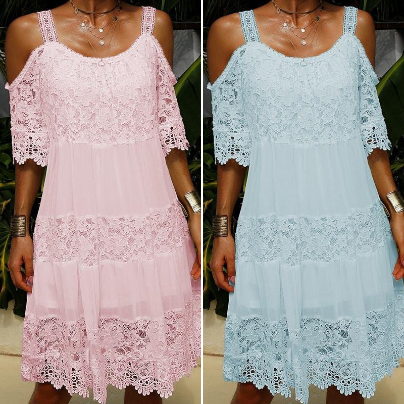 CM | Vestido monocolor de encaje elegante de manga corta y largo medio