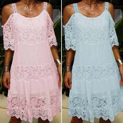 CM | Vestido monocolor de encaje elegante de manga corta y largo medio