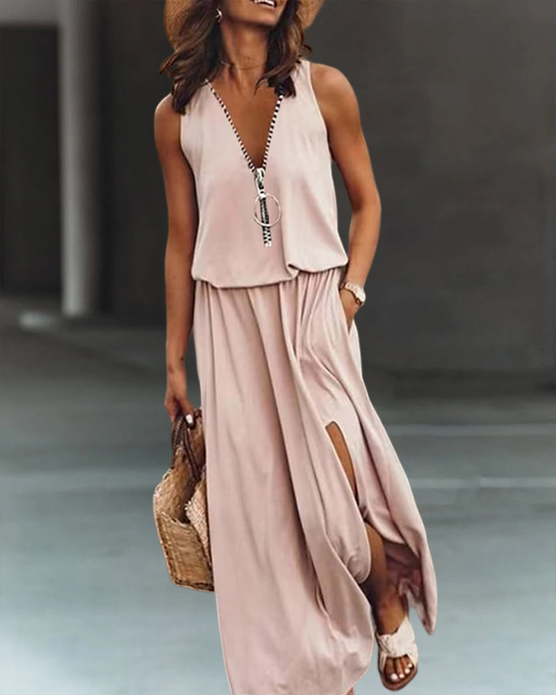 CM | Vestido monocolor con cremallera y abertura