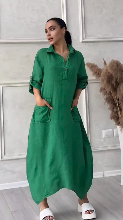 CM | Maxi vestido para mujer en lino y algodón con solapa