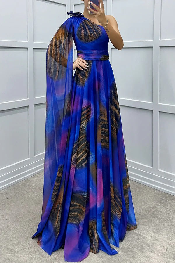CM | Lucia Impresión única Detalle Floral Un Hombro Vestido Manga Drapeada Maxi Vestido