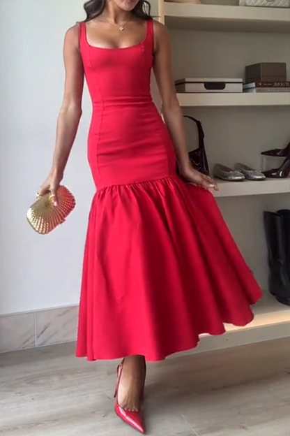 CM | Silueta Agraciada Escote Cuadrado Tira Ancha Cintura Caída Vestido Midi