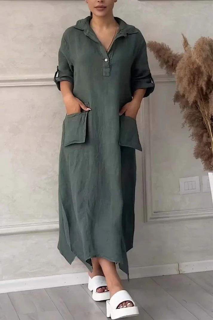 CM | Maxi vestido para mujer en lino y algodón con solapa