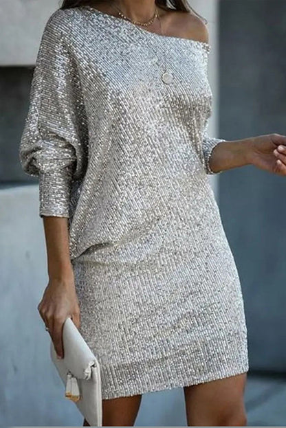 CM | Lentejuelas Sólido Off-shoulder Mini Vestido Suelto