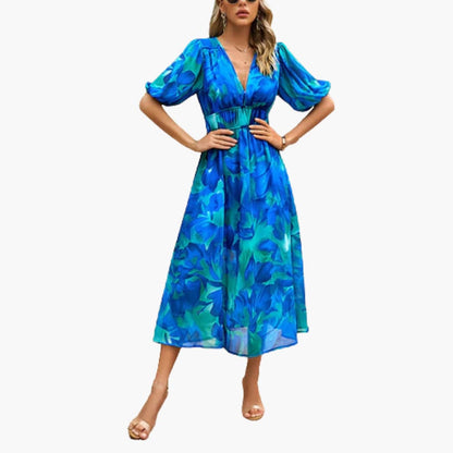 CM | Vestido midi veraniego para mujer con estampado floral y mangas farol