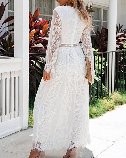 CM | Boho Encaje Floral Cuello en V Vestido de noche largo Cocktail Fiesta Maxi Vestidos de novia