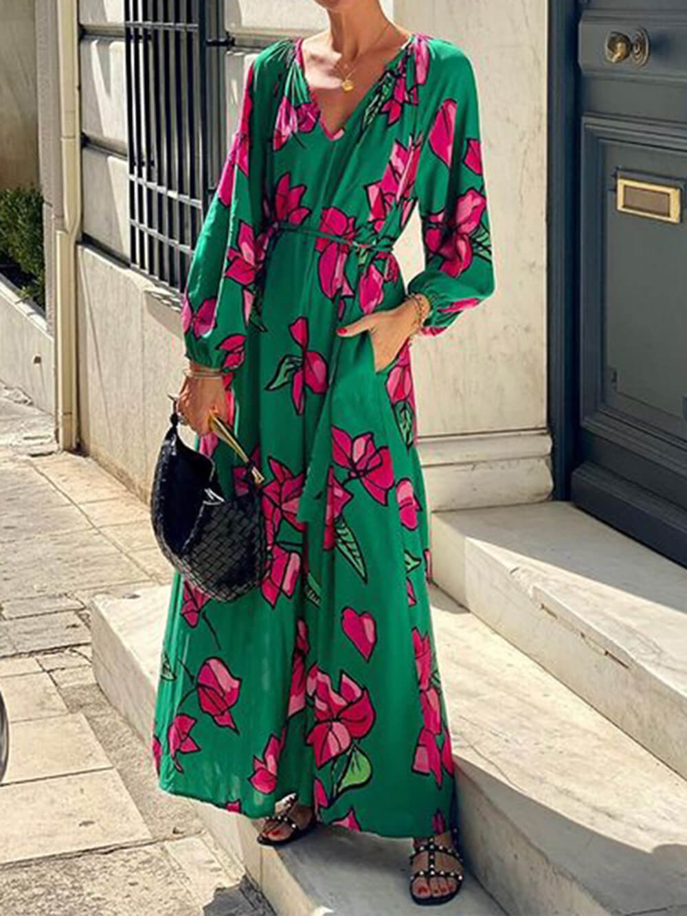 CM | maxi vestido de mujer - estampado floral - cuello en V - manga larga - cinturón en la cintura - ligero