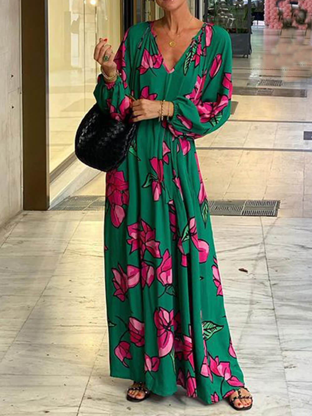 CM | maxi vestido de mujer - estampado floral - cuello en V - manga larga - cinturón en la cintura - ligero
