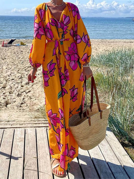 CM | maxi vestido de mujer - estampado floral - cuello en V - manga larga - cinturón en la cintura - ligero