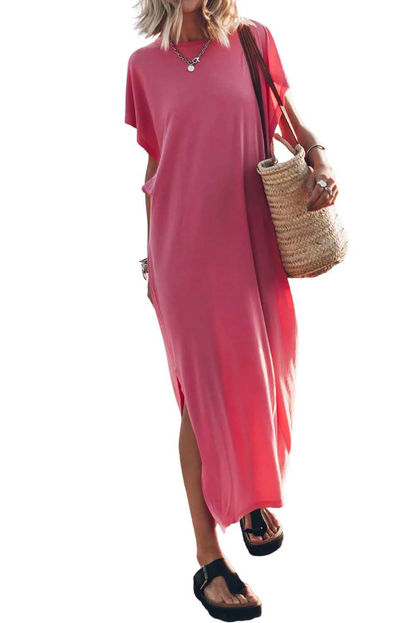 CM | Rosa escote redondo mangas murciélago partido maxi vestido camiseta