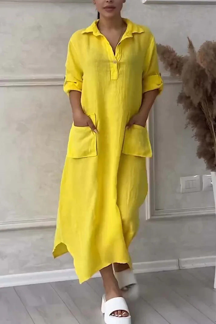 CM | Maxi vestido para mujer en lino y algodón con solapa