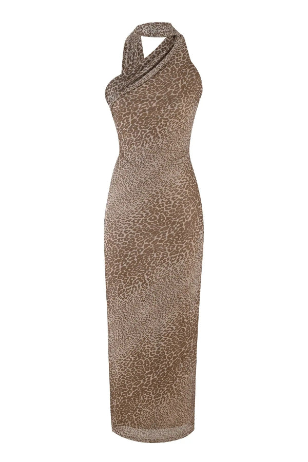 CM | maxi vestido con tirantes en la espalda y estampado de leopardo al bies