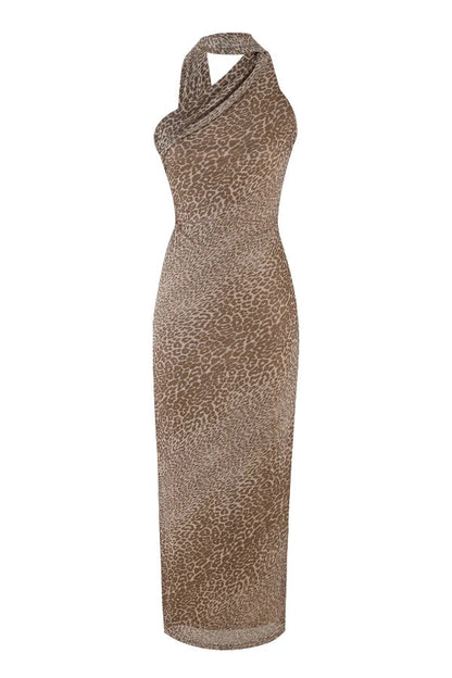 CM | maxi vestido con tirantes en la espalda y estampado de leopardo al bies