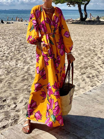 CM | maxi vestido de mujer - estampado floral - cuello en V - manga larga - cinturón en la cintura - ligero