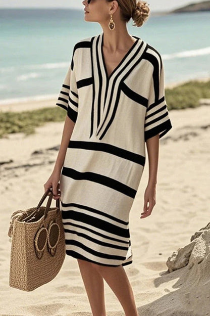 CM | Fashion Estampado a rayas Cuello en V Vestido midi holgado para vacaciones
