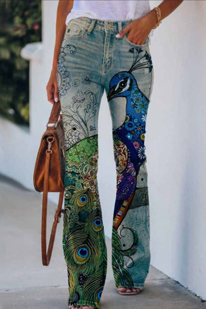 CM | Pantalones acampanados de tiro alto con estampado de imitación