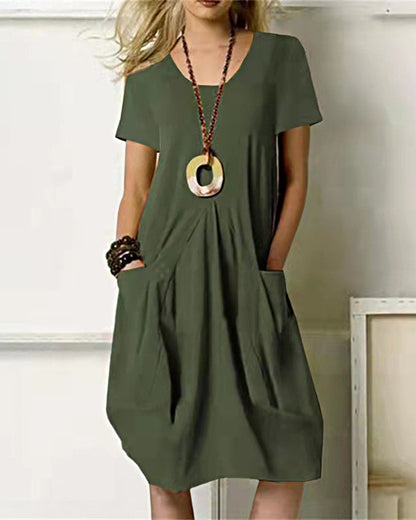 CM | Vestido de verano holgado Vestido midi Vestido de playa de manga corta con bolsillos