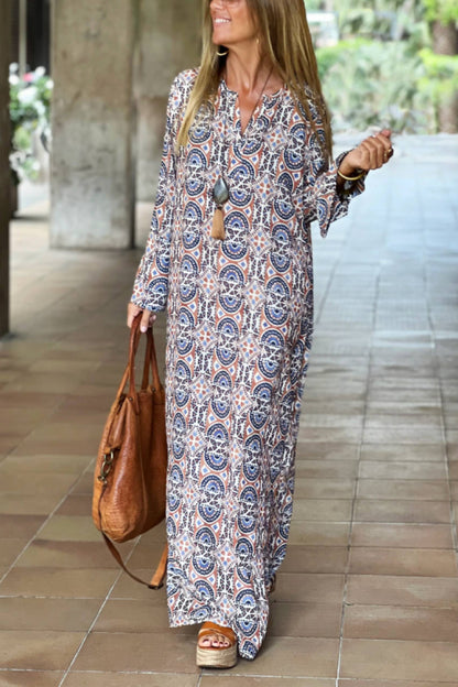 CM | Maxivestido suelto de manga larga y cuello en V con estampado único