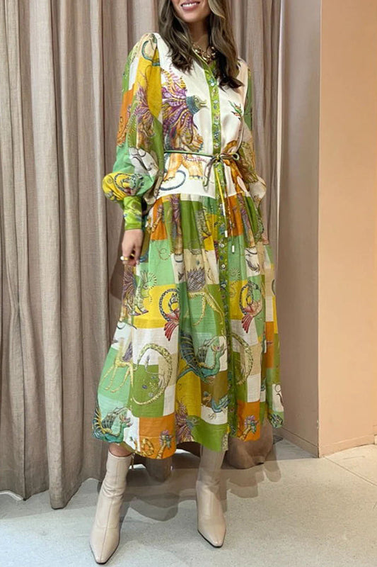 CM | Familia Dragón Impreso Mangas Globo Camisa Ligera Vestido Midi