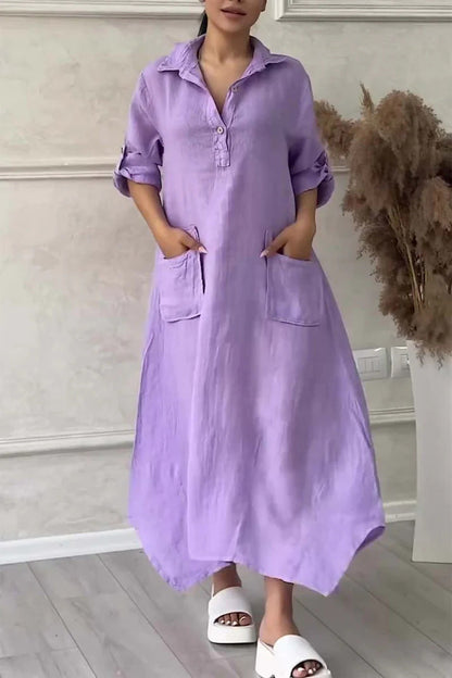 CM | Maxi vestido para mujer en lino y algodón con solapa