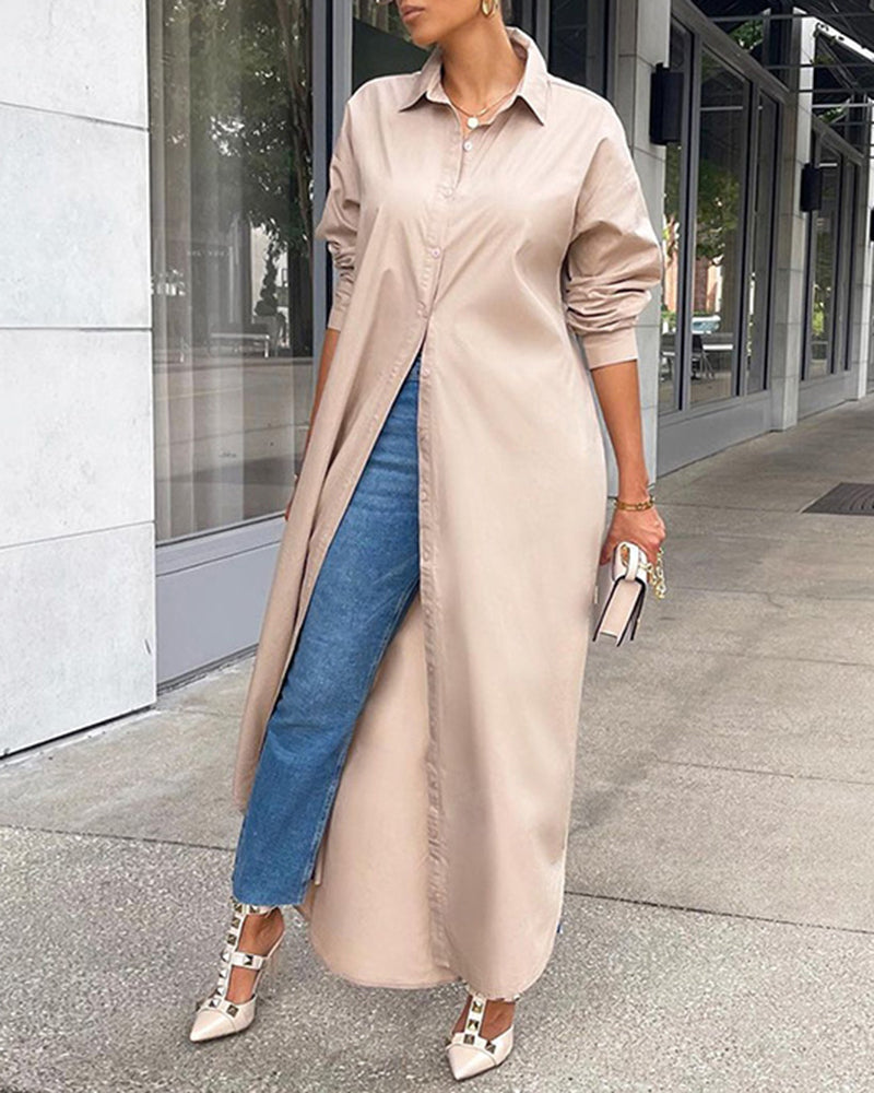 CM | Button Down Maxi Camisas Vestido Manga Larga Cuello V Kaftan Vestido Largo Suelto Abrigo