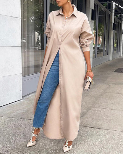 CM | Button Down Maxi Camisas Vestido Manga Larga Cuello V Kaftan Vestido Largo Suelto Abrigo