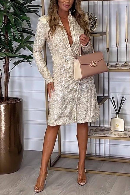 CM | Luxe Feeling Lentejuelas Botón Manga Larga Blazer Vestido Midi
