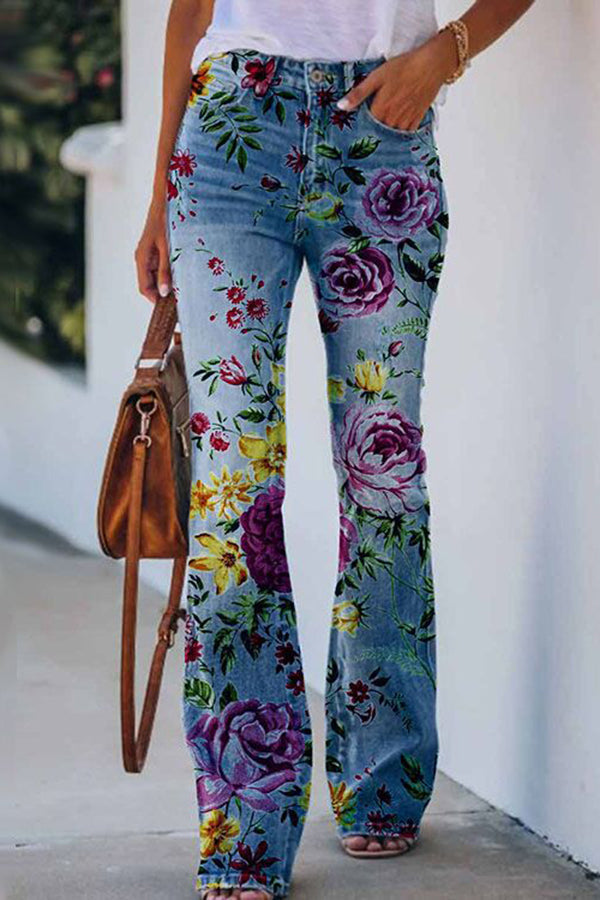CM | Pantalones acampanados de tiro alto con estampado de imitación