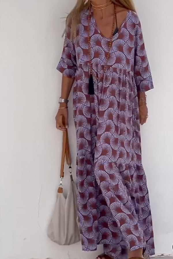 CM | Ibiza Fashion Print Cuello V Suelto Vestido Largo Manga Larga