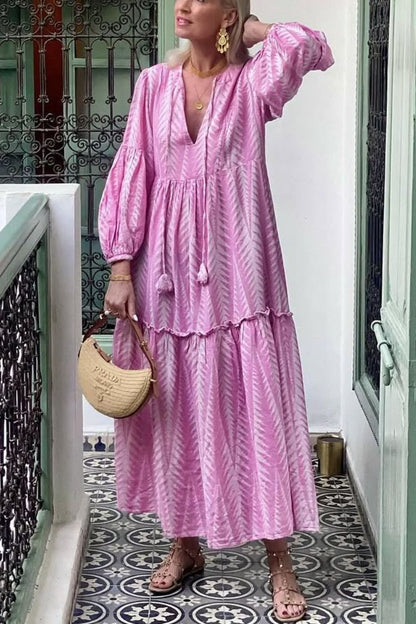 CM | Marrakech Stories Vestido midi estampado en mezcla de lino con mangas globo y bolsillos en forma de A